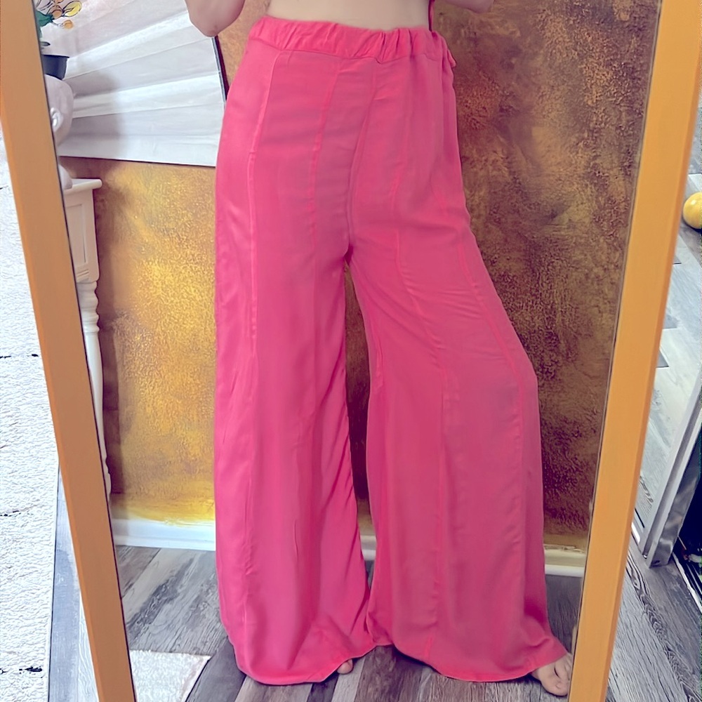 Wide leg pants pink high rise adjustable waist palazzo lightweight full length - Picture 1 of 13